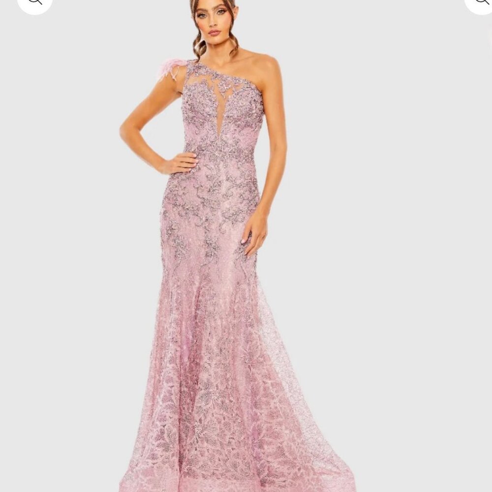 Mac Duggal Pink Embroidered Applique Feathered One Shoulder Gown - size 4